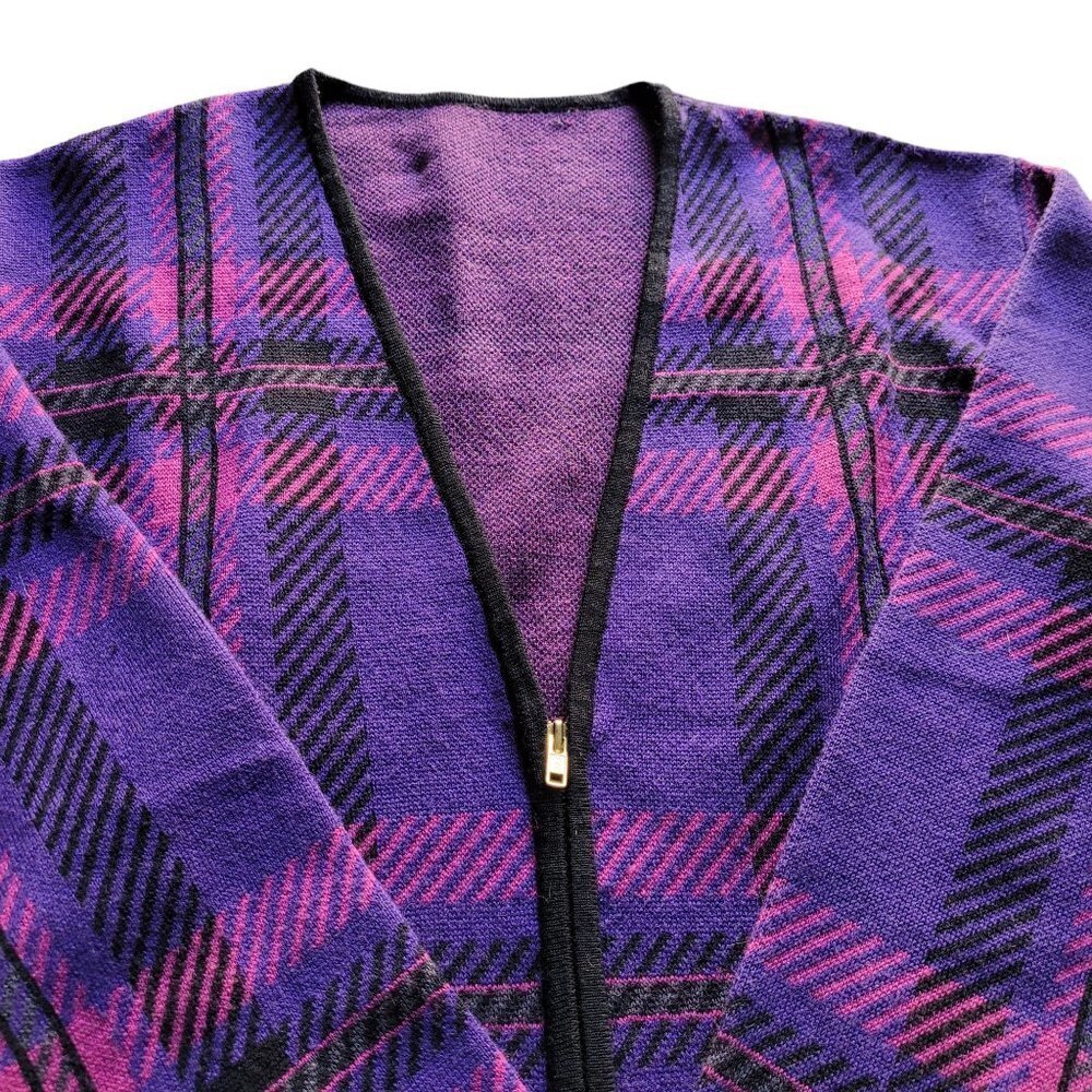 80s Style Zipper Front V-Neck Cardigan, Unbranded Purple Tones & Pink Size large - Picture 6 of 7